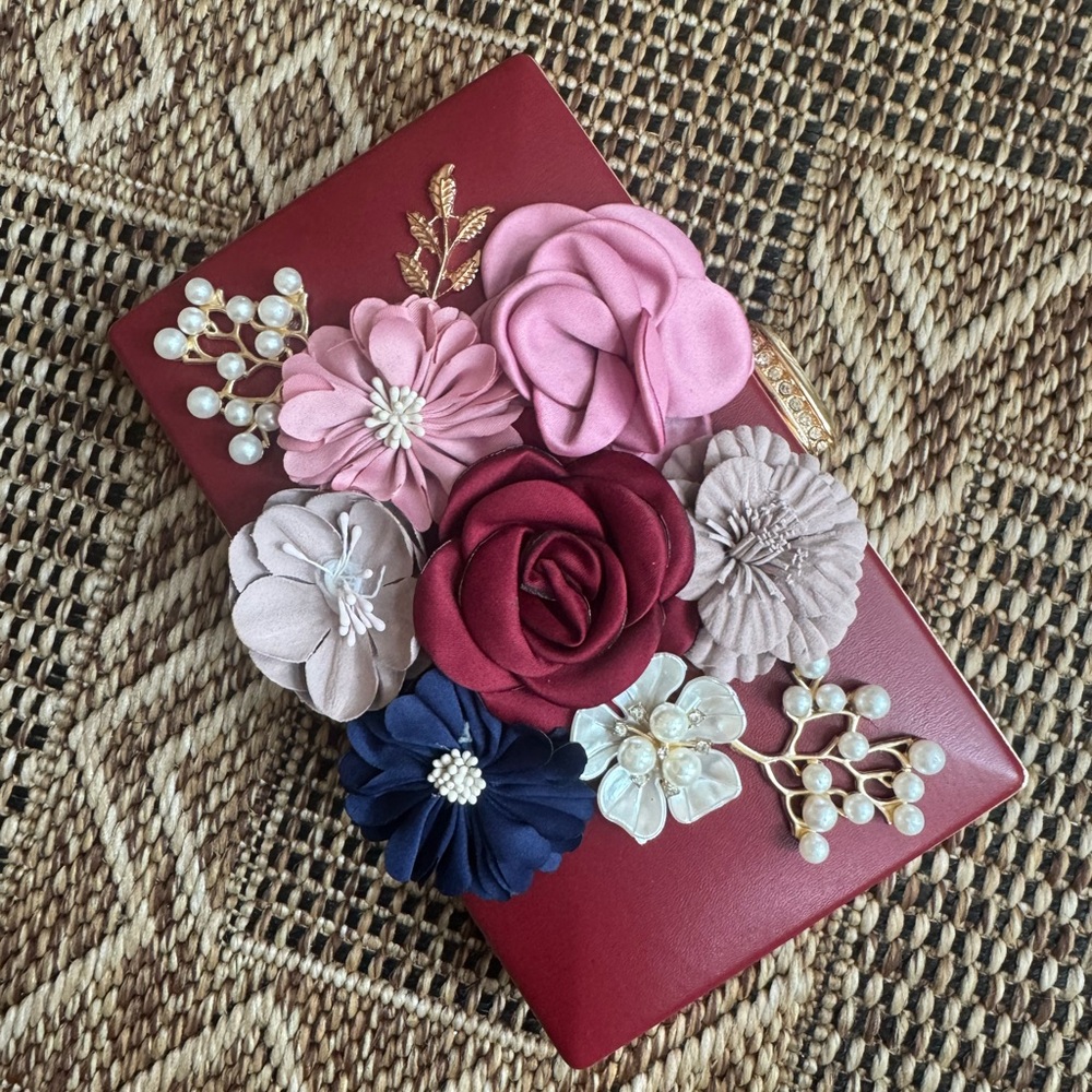 Floral & Pearl Red Evening Clutch Rhinestone Closure
